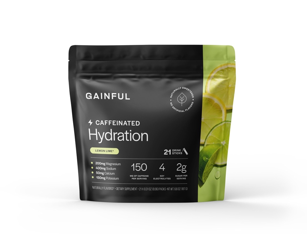 Hydratation Gainful + Packets de caféine avec électrolytes clés Magnésium & sodium + L Theanine, Mélange à faible teneur en sucre, Lime citron, 21 bâtonnets