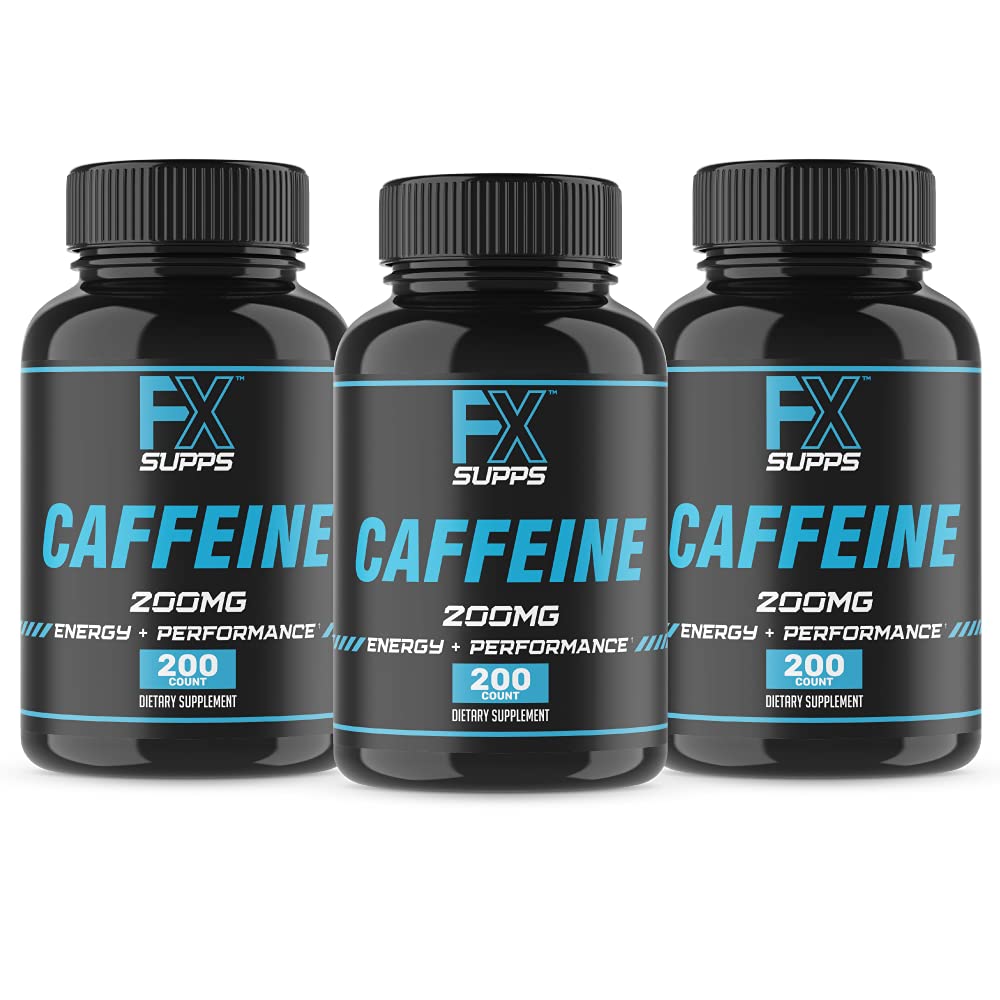 FXSUPPS Caféine 200mg Pills (3-Pack, 600 Capsules) – Supplément de soutien énergétique à action rapide pour les hommes et les femmes