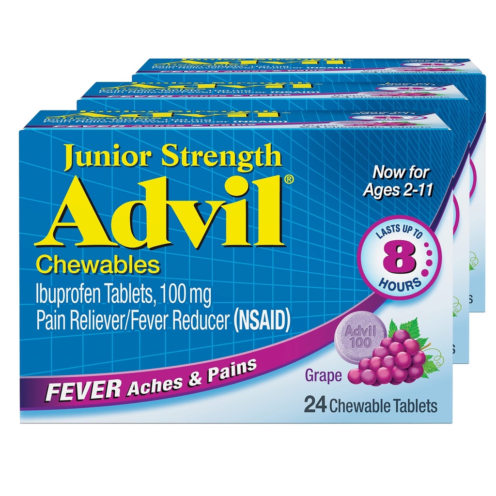 Advil Junior Strength Chewable Ibuprofen Pain Reliever und Fever Reducer, Kinder Ibuprofen für Schmerzlinderung, Trauben - 24 Tabletten (Pack von 3)