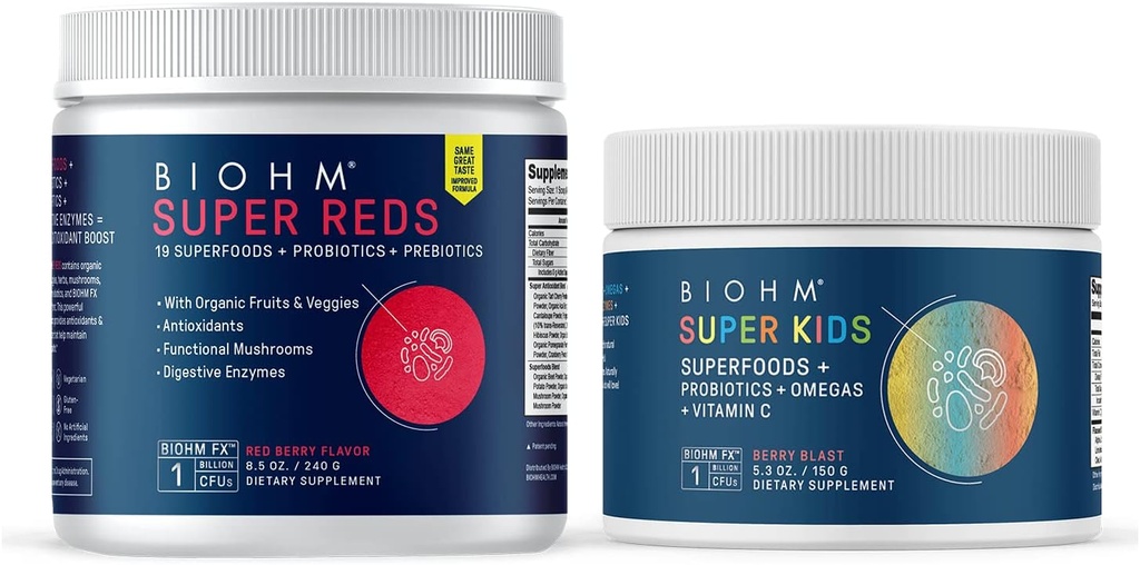 BIOHM Super Reds Superfood Pulver, Tart Cherry & Super Kids Superfood Pulver + Probiotics, Beneficial Antioxidants & Omega-3 - Glutenfrei, GMO frei, Dairy frei, keine künstlichen Zutaten