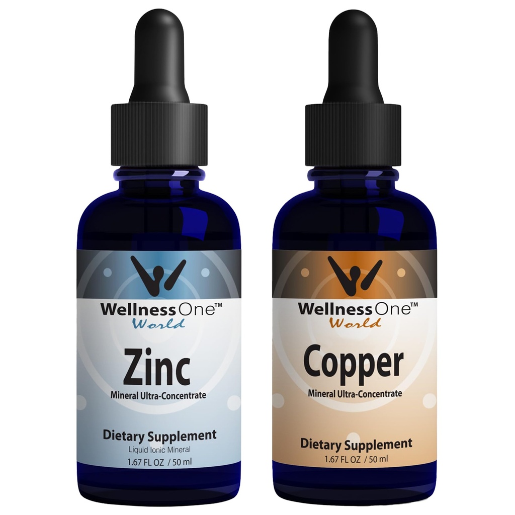 WellnessOne Ionic Liquid Zinc & Liquid Copper - Ensemble Zinc-Copper pour soutenir le système immunitaire et la santé des articulations, des nerfs et des os - 1,67 fl oz Zinc & Copper Liquid Drops