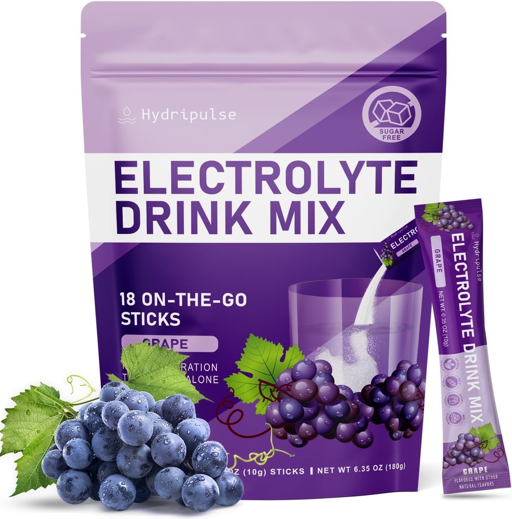 Elektrolyte Pulver-Packets - Zuckerfrei, Natürlich aromatisiert, 10 Elektrolyt & Vitamine Elektrolyt-Getränk-Mix - Trauben-Flaschen, Keto Friendly, Vegan, Non-GMO, 18 Packungen