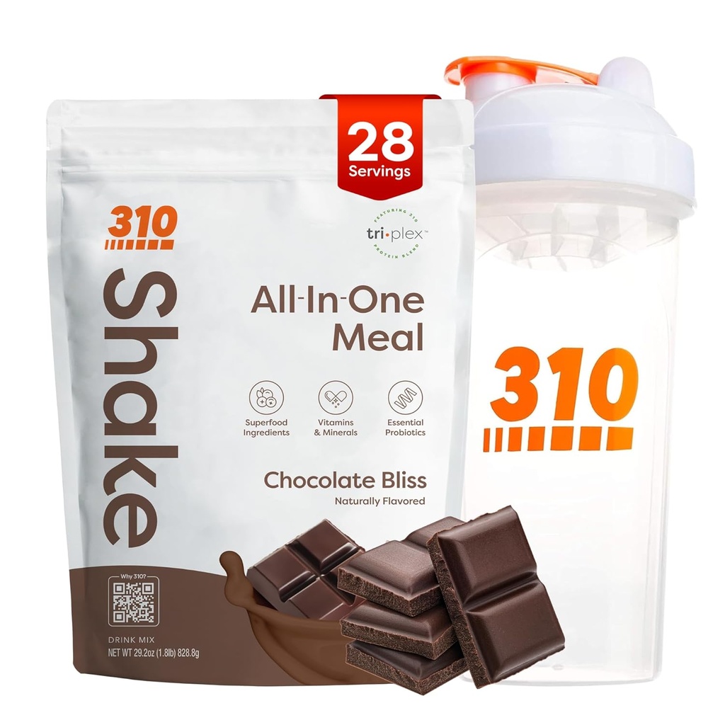 310 Ernährung All-in-One Meal Ersatz Shake Powder w/Shaker Cup Starter Kit - High Protein Fiber Rich Vegan Superfood Blend - Sugar-Free, Keto & Paleo Friendly, Low Carb - Chocolate Bliss 28 srv
