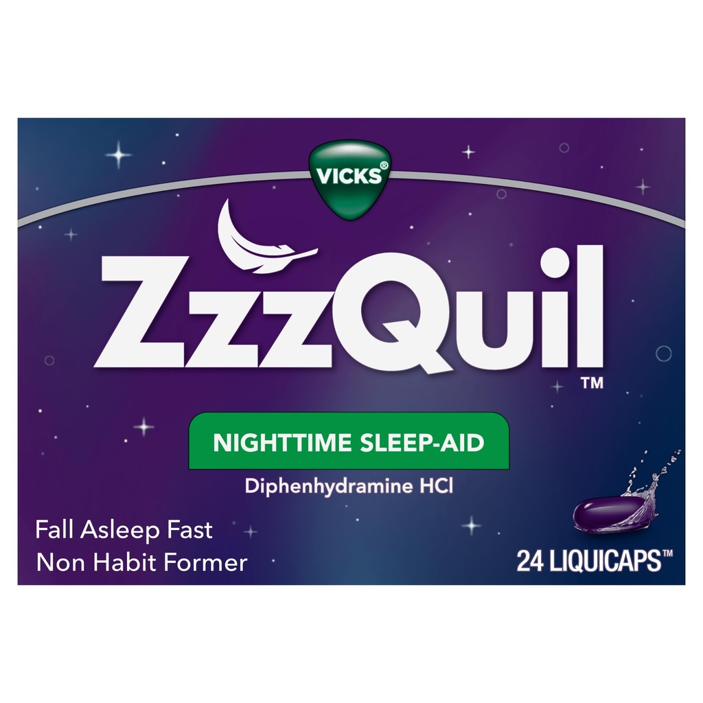 Vicks ZzzQuil, Nighttime Sleep Aid LiquiCaps, 25 mg Diphenhydramine HCl, No.1 Sleep-Aid Marke, Non-Habit Forming, Fall Asleep Fast, 24 Count