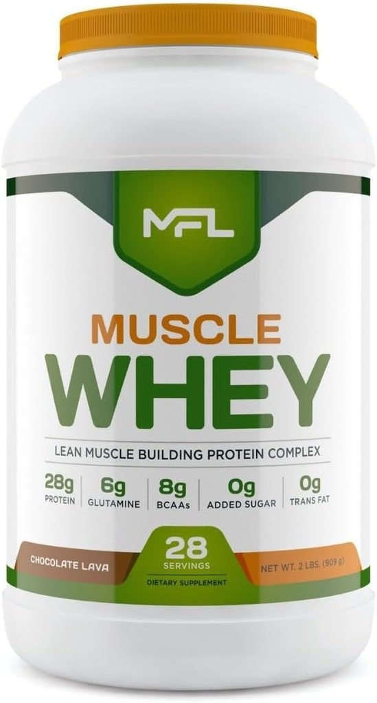 MFL Muscle Whey Protéine l 28g de protéine l 8g BCAAs l Keto Friendly l Faible Carbs l 2 lbs (Lava de chocolat)