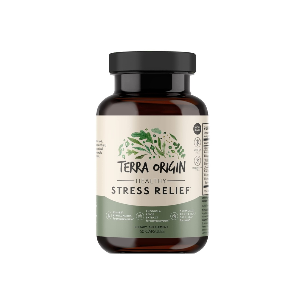 TERRA ORIGIN Healthy Stress Supplement | 60 Kapseln | KSM-66 Bio Ashwagandha, L-Theanin, Rhodiola Extrakt, Astragalus Root und Heilige Basilikum | Stress und Stimmungsunterstützung