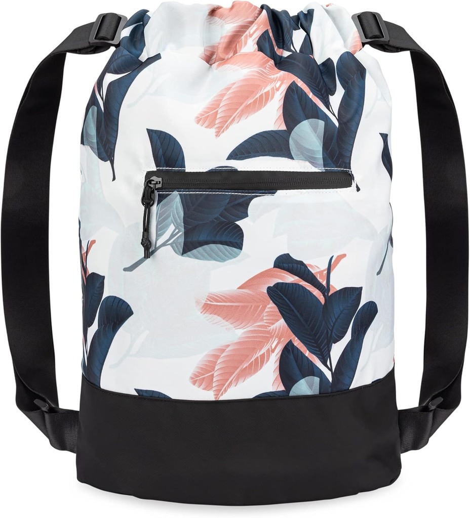 Flex Cinch Drawstring Gym Bag for Women with Graphic Designs | Durable Lightweight Gym Cinch Bags | Great for Gym Bag, Traveling, and Overnights | Navy/Coral - Guava Leaves