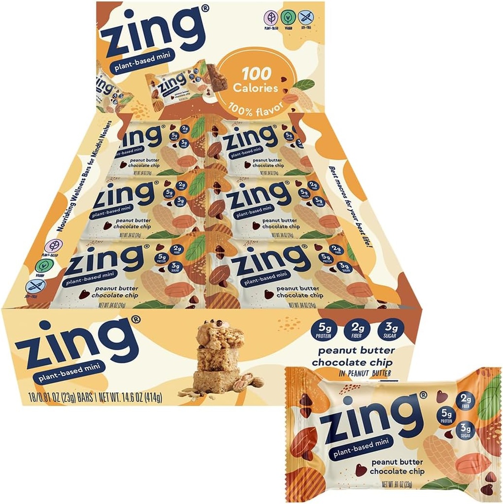 Zing Peanut Butter Chocolate Chip Kids Vegan Protein Bars, Gluten Free 100 Calorie Mini Bars, Dairy Free Nutrition Bars mit pflanzlichen Proteinen, Kosher, No Soy, No Sugar Alcohols - 18 Anzahl