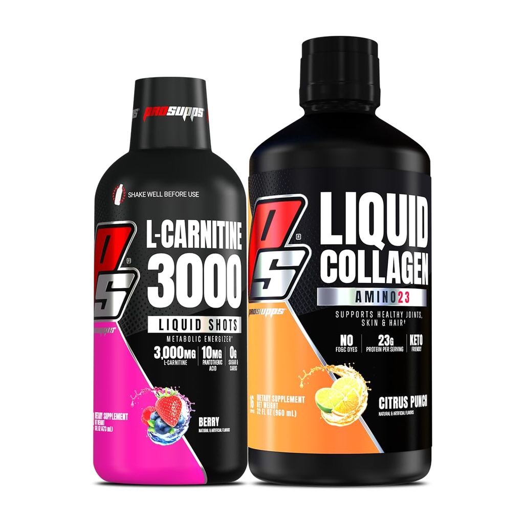 PROSUPPS L-Carnitine 3000 Stimulant Liquid Shons (Berry) Amino23 Liquid Collagen Shons (Citrus Punch)