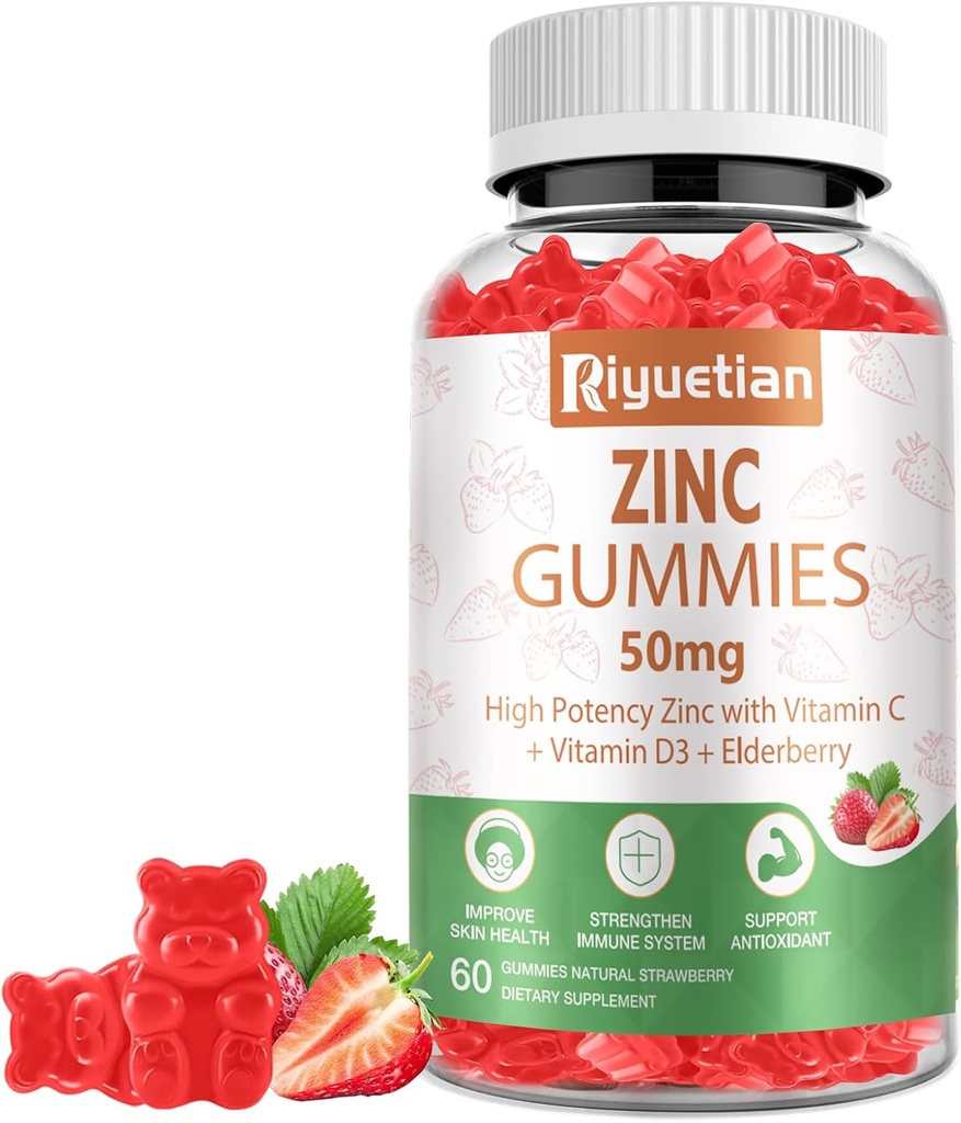 Zinkgummis - 50mg hohe Potenz Zink mit Vitamin C + Vitamin D3 + Elderberry - Immune Health Support - Vegan, Non-GMO und Glutenfrei - 60 Gummie