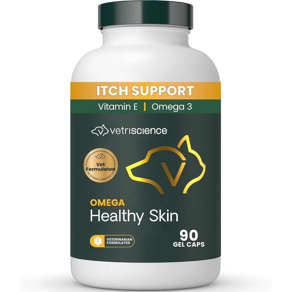 VetriScience Omega Capsules de peau saine, Omega 3.6.9 Supplément d'huile de poisson pour chiens et chats, santé de la peau, croissance du manteau, réduire le défrichement, plus de 750 mg d'acides gras oméga par gélule, capsules de gel, 90 Compte