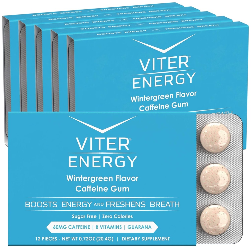 Viter Energy Koffeiniertes Gum 60mg Koffein, B Vitamine, Guarana, Sugar Free. (Wintergrün, 12pcs, 6 Pack)