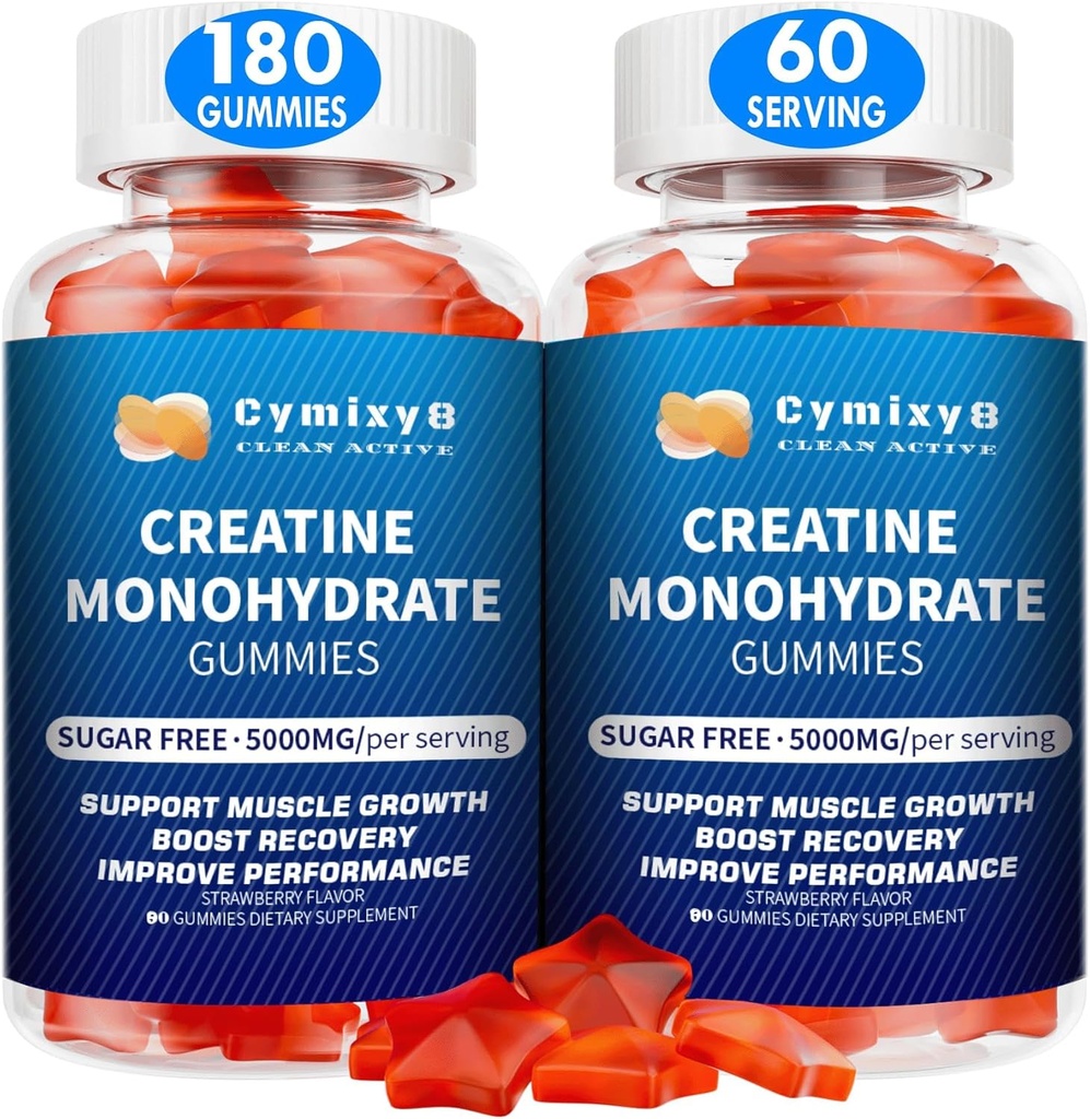 Creatine Monohydrate Gummie 5g für Männer & Frauen, 7100mg mit Liposomal Taurine, BCAA, Alpha GPC, B12, Creatine Monohydrate Chews für Muskelwachstum, Erdbeeren Flavor, 180Count