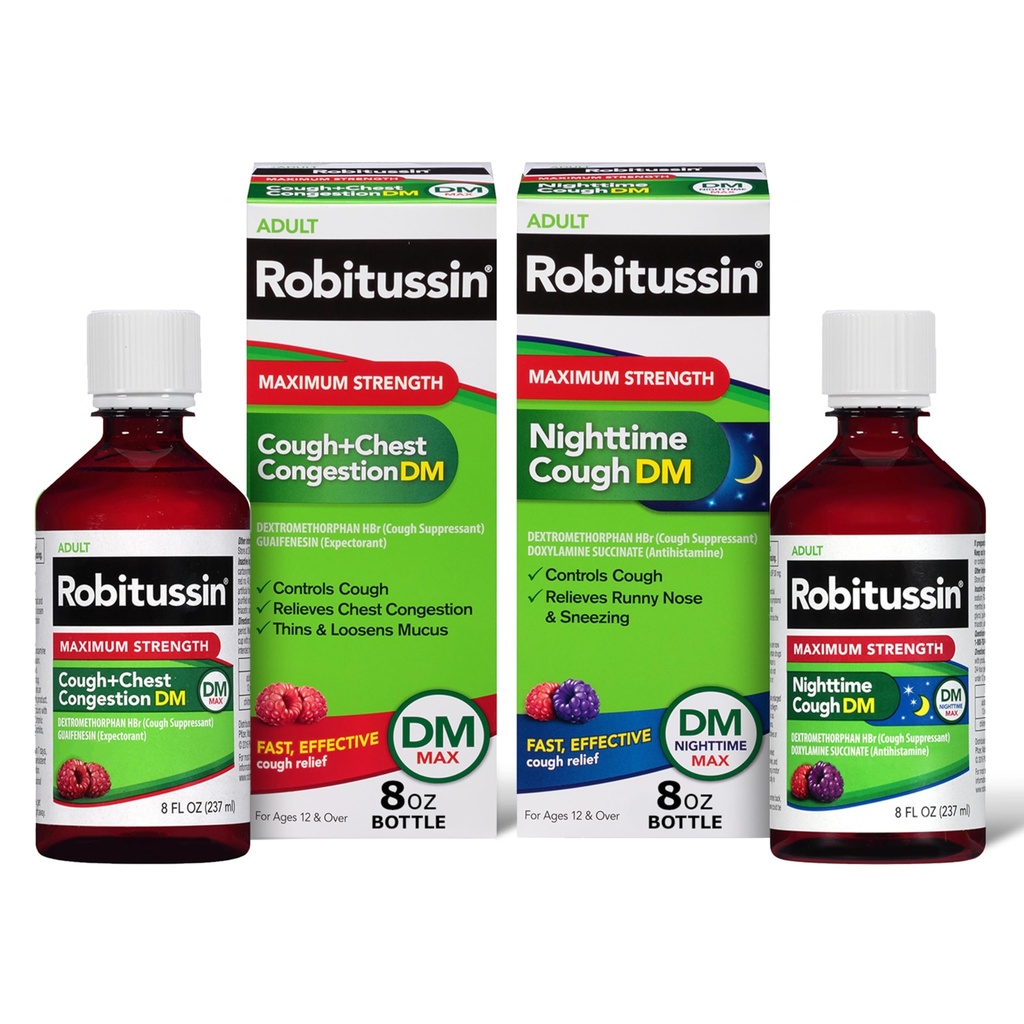 Robitussine DM Max Cough Plus Congestion thoracique et Robitussine Force maximale pendant la nuit DM, formules pour adultes - 2 x 8 bouteilles d'Oz