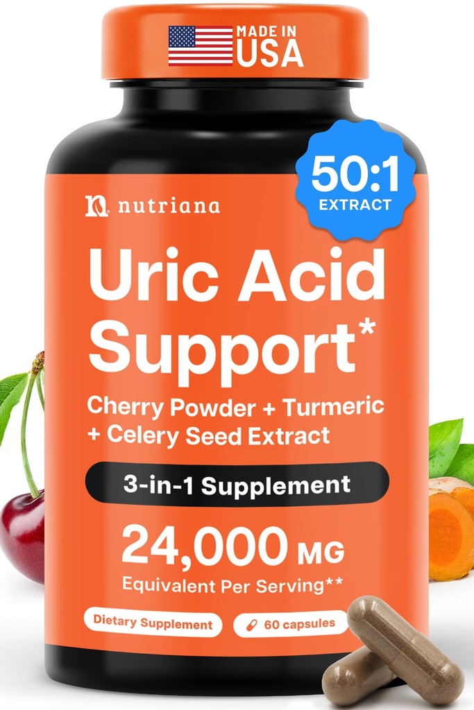 3 in 1 Uric Acid Flush Cleanse – Tart Cherry Extract mit Turmeric & Celery Seed Supplement Purge - Füße und Gelenkunterstützung - 60 Veggie Kapseln