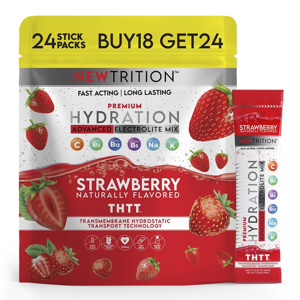 Hydration Pulver, Erdbeer-Pack mit 24 Elektrolyt-Pulver-Packets, Natürlich Flavored Hydrating-Packets für Wasser, Fast Acting Hydrate-Elektrolyten mit Vitaminen B&C, Energy & Recovery