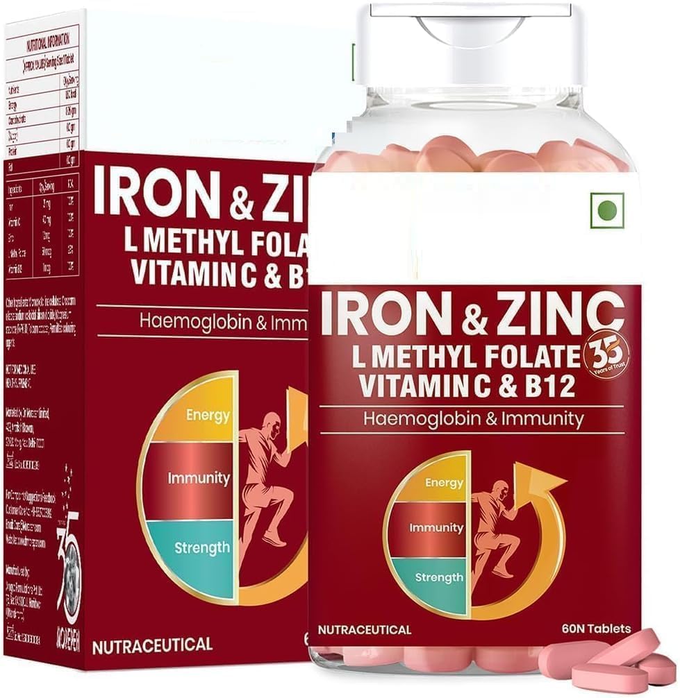 Eisen & Zink Tabletten angereichert mit Vitamin C & B12 | Immunität & Haemoglobin Booster | Erhöht HB Level + fördert gesunde Eisen Levels | Reduziert Fatigue, Verbesserung der Atmungsgesundheit & Energie | 60 T