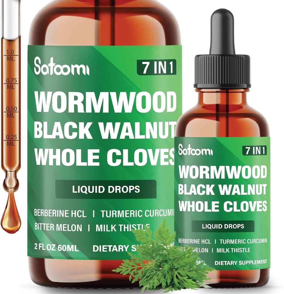 Satoomi 7in1 Wormwood Liquid Drops mit Schwarz Walnuss, Ganze Tücher, Berberin, Milchdistel, Bitter Melon und Kurkuma - 60ml für 60 Tage