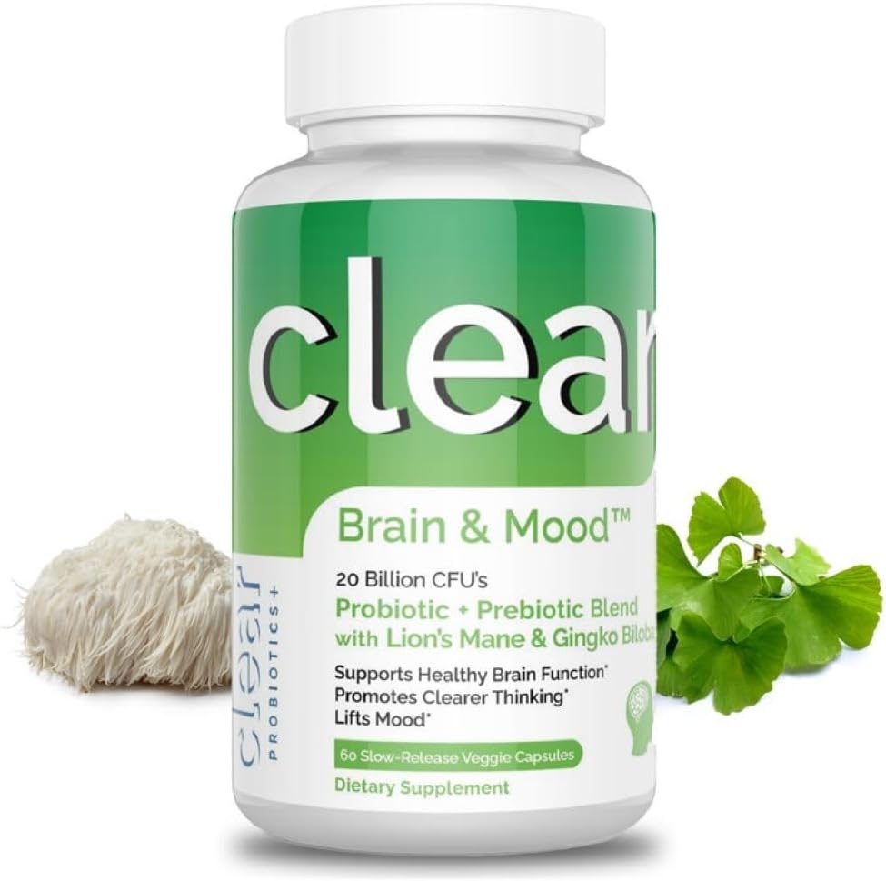 Brain Supplement for Memory, Brain Fog, Focus, Mood & Concentration & Cognitive Function - Lion’s Mane Supercharged with Ginkgo Biloba & Two Probiotic Strains (60 Count - 1 Month Supply)