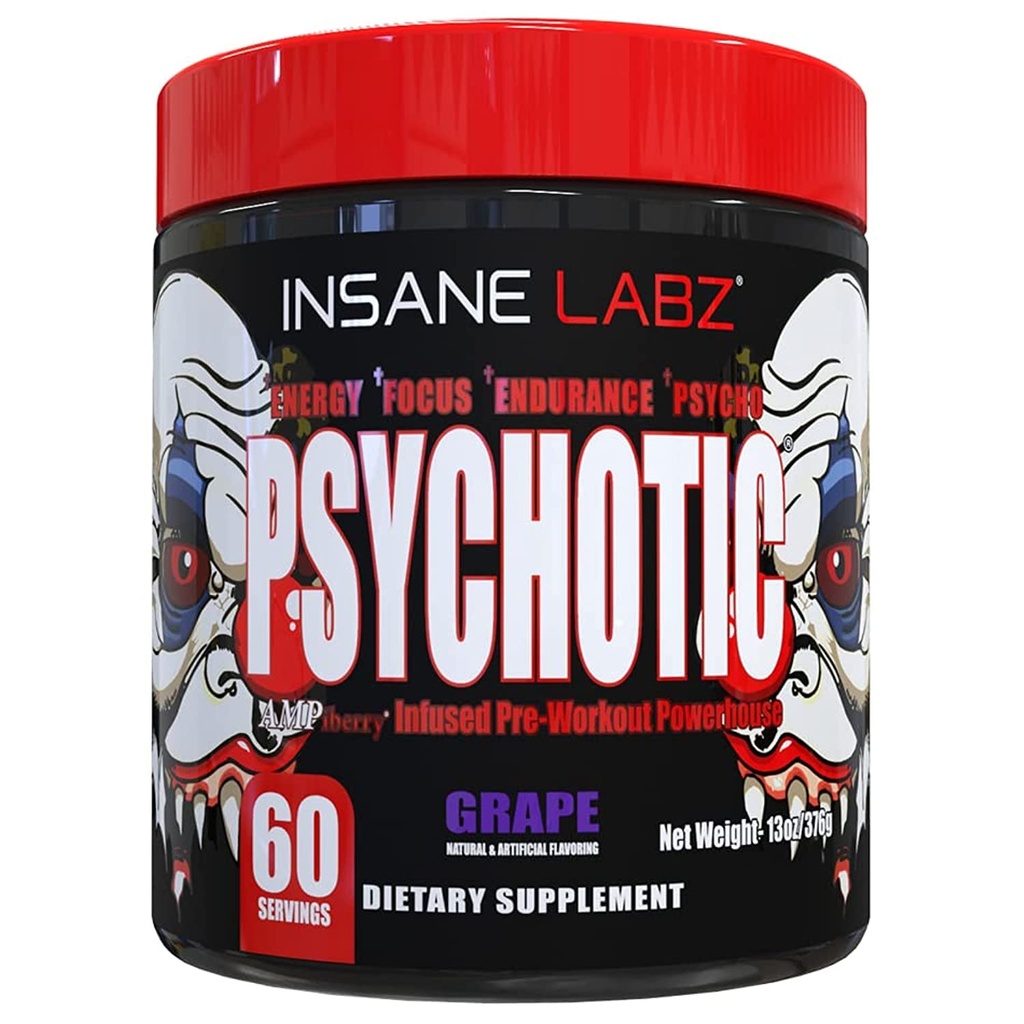 Insane Labz Psychotique, Poudre de pré-entraînement stimulante, Énergie latente extrême, Focus et Endurance avec Beta Alanine, Créatine Monohydrate, DMAE, 60 Srvgs, Raisin