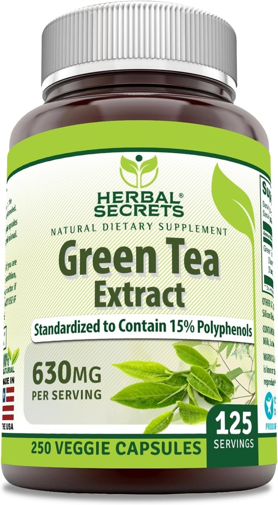 Secrets à base de plantes Extrait de thé vert 630 Mg par servage , Supplément de capsules de légumes , sans OGM , sans gluten , Fabriqué aux États-Unis (1 paquet, 250 comte)