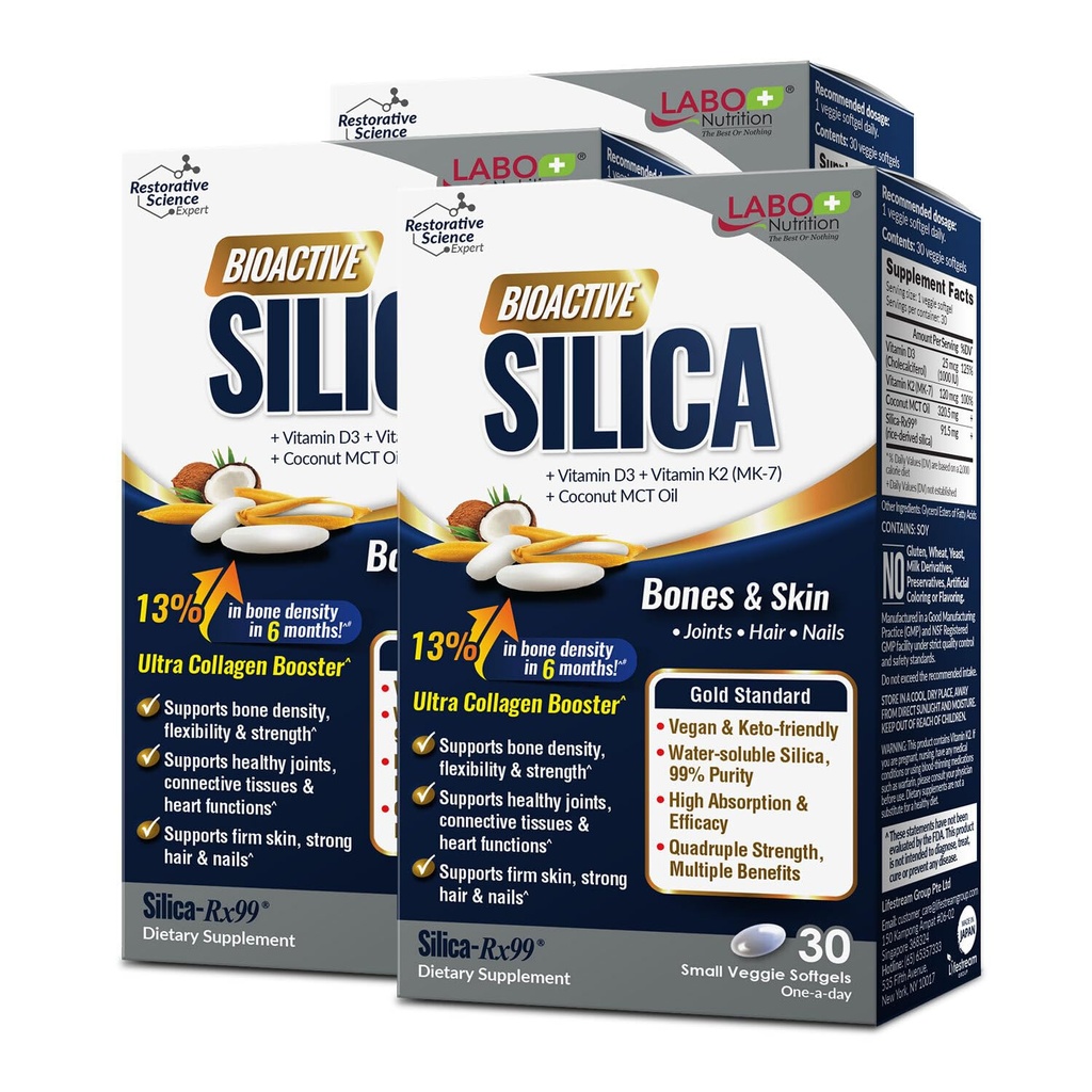 LABO Nutrition Bioactive Silica – Für Haare, Haut, Nägel, Collagen Formation, Gelenk & Knochenstärke – Unterstützung Knochengesundheit & Collagen Booster– 99% Reinheit Reis-Derived Silica Supplement, 30 Vegan Softgel