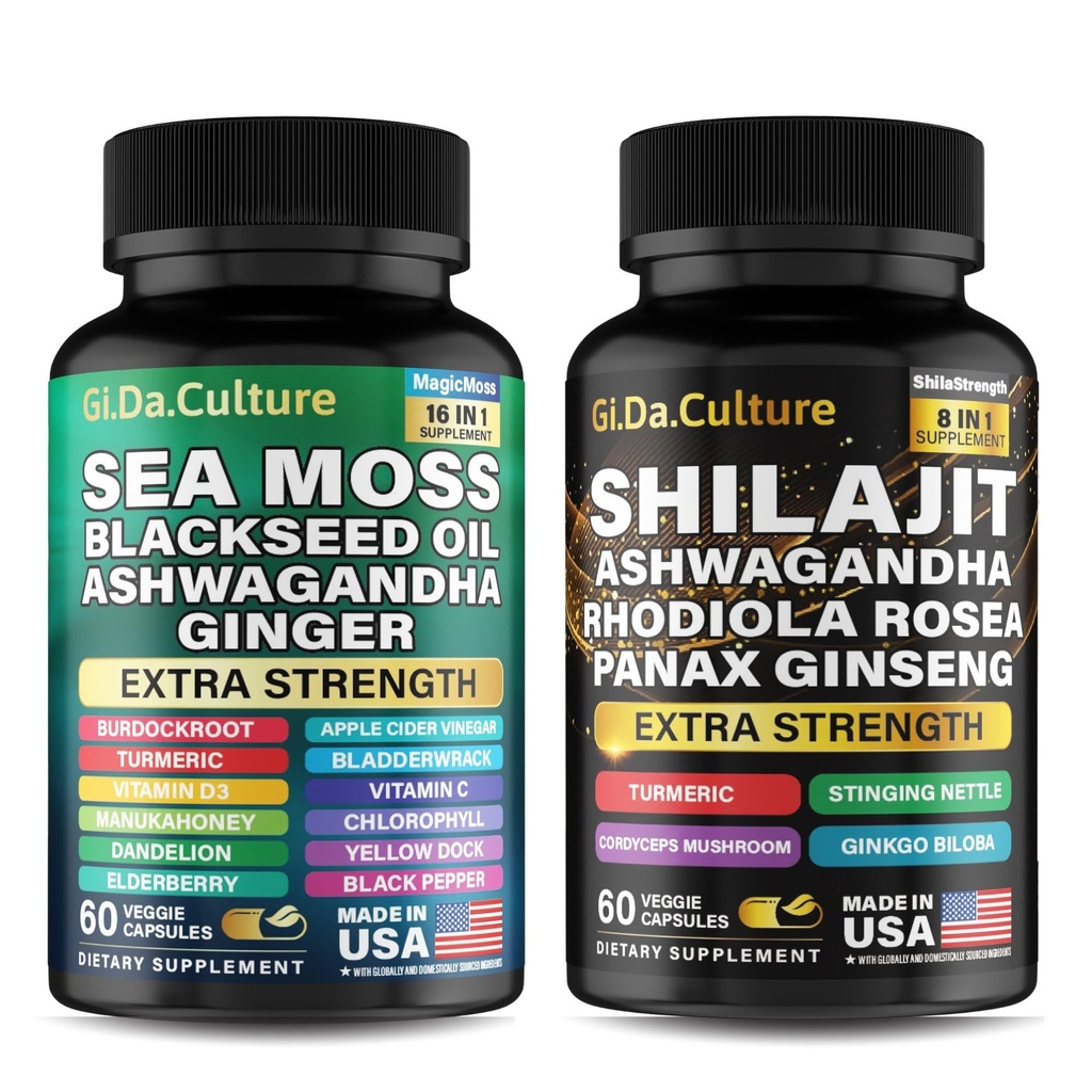 Shilajit und Sea Moss Combo - Sea Moss und Shilajit Bundle mit Ashwagandha, Black Seed, Turmeric, Bladderwrack, Burdock, Black Pepper mit Vitaminen und Antioxidants - 120 Veggie Capsules