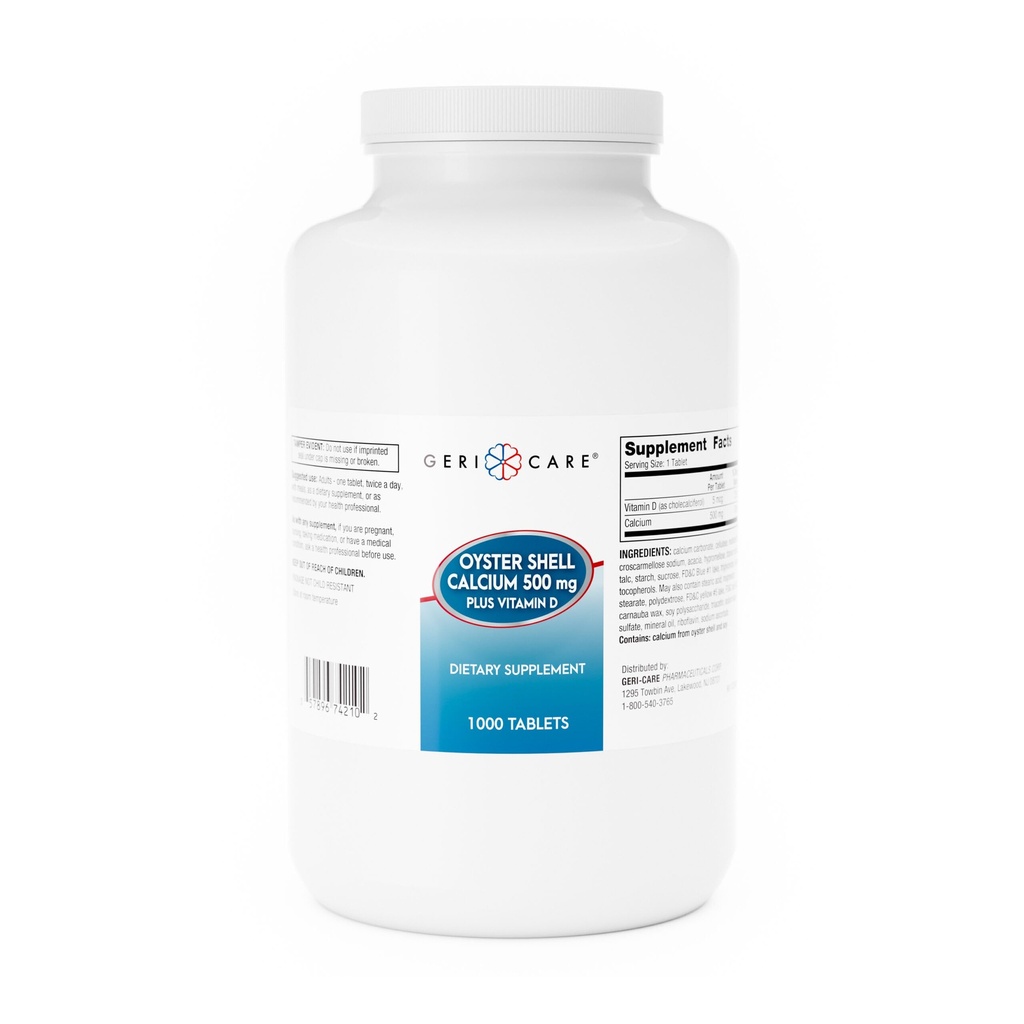 GeriCare Oyster Shell Calcium 500mg + Vitamine D, Santé des os, Comprimés de complément nutritionnel, 1000 Nombre (paquet de 1)