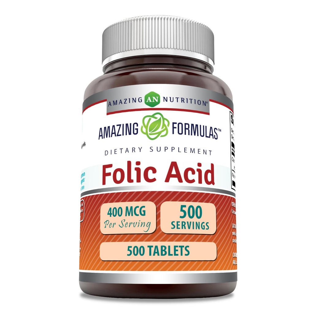 Formules étonnantes Acides foliques (Vitamine B9) 400 mcg (comprimés) Suppléments de comprimés (non-OGM) Sans gluten (Fabriqué aux États-Unis) (1 Pack, 500 Compte)