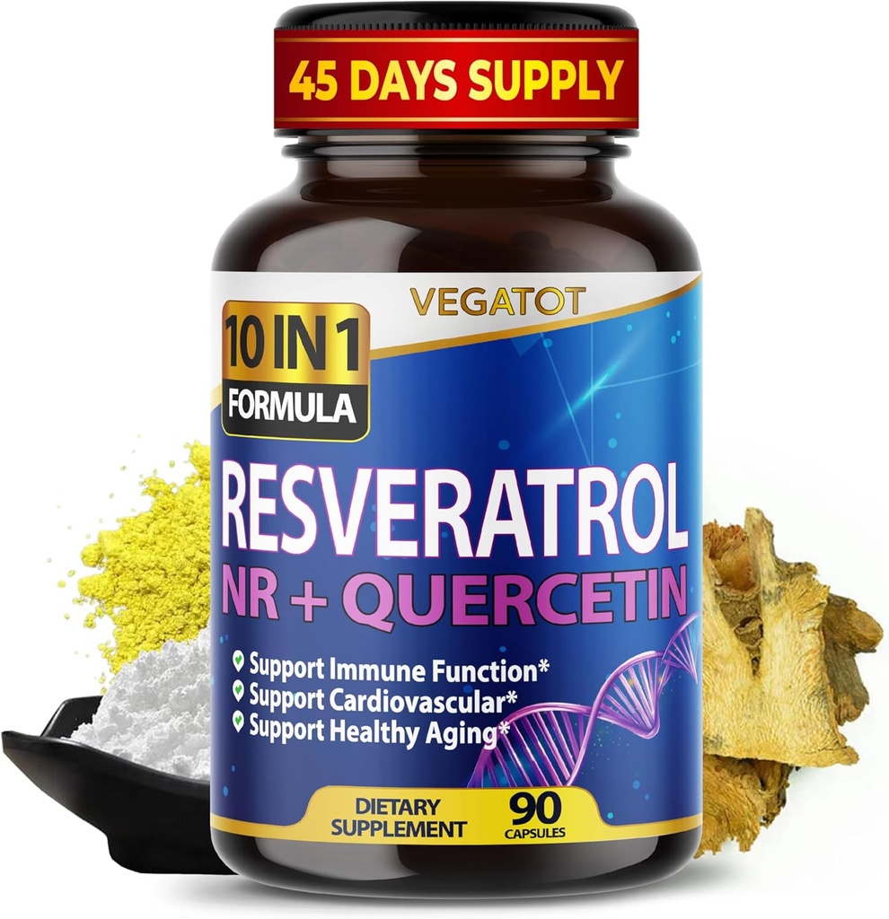 VEGATOT 10 in 1 High Strength Resveratrol mit Quercetin Healthy Aging Immune Brain Boost Joint Support (90 Count (Pack von 1))