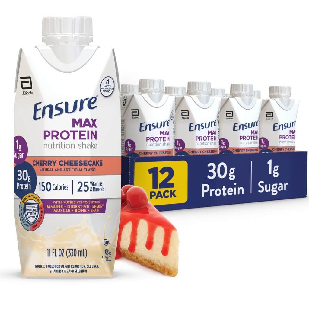 Ensure Max Protein Shake | Cherry Cheesecake | Ready to Drink | 30g Protein for Muscle Health | 1g Sugar, 4g Fiber | 11 fl oz, 12 Pack