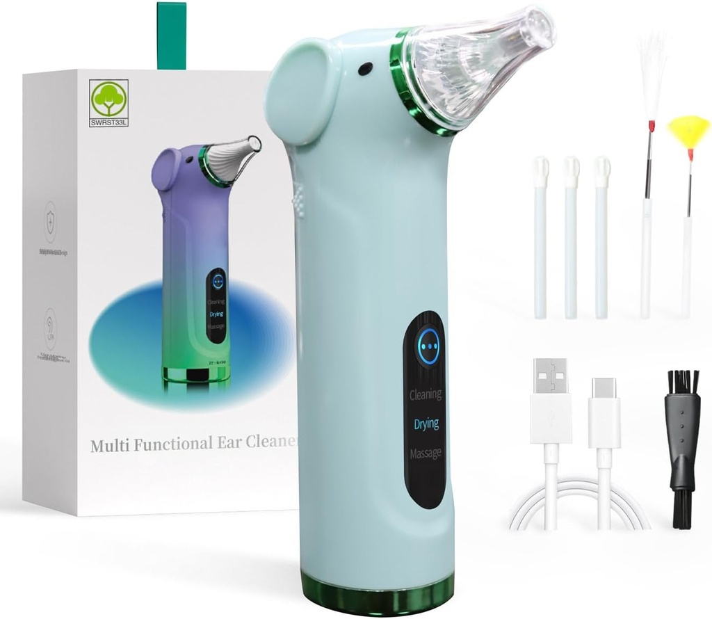 Outil de nettoyage de l'oreille électrique multifonctionnel - Canal d'oreille sèche et oreille de massage, pour adultes et enfants (vert)
