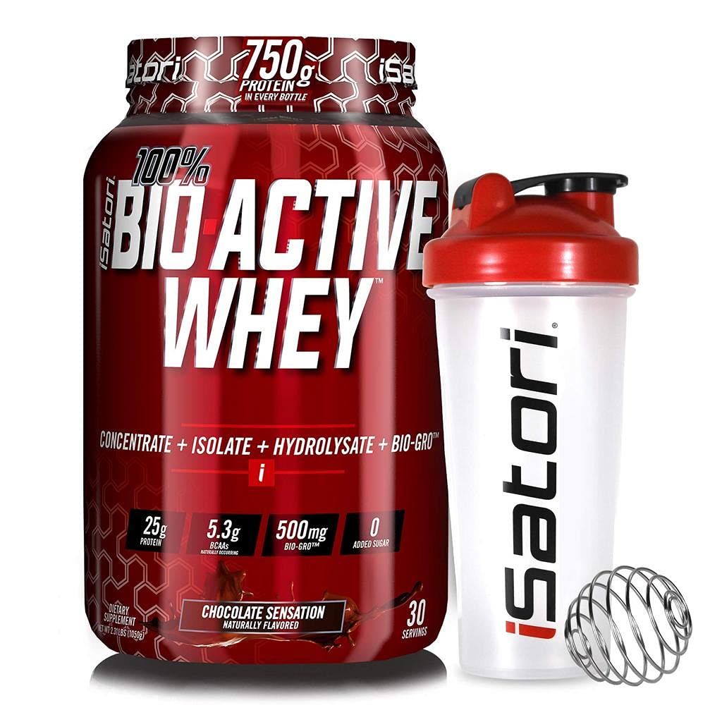 iSatori Bio-Active Whey Powder Chocolate Sensation (30 Servings) & iSatori Classic Blender Bottle (Clear Bottle with Red Top)