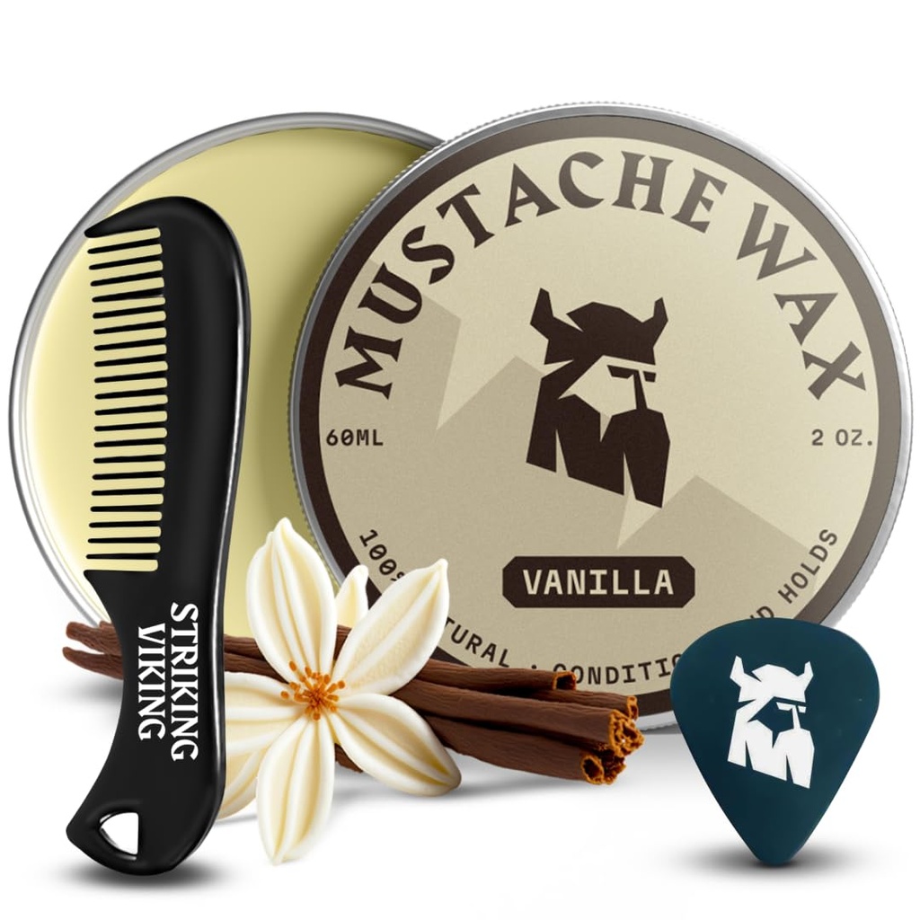 Striking Viking Mustache Wax & Comb Kit - 2 Unzen, Vanille - Komplettes Mustache Grooming Kit für Herren - Strong-Hold Styling & Wax Strong Hold - Pocket-Sized Precision & Styling Comb