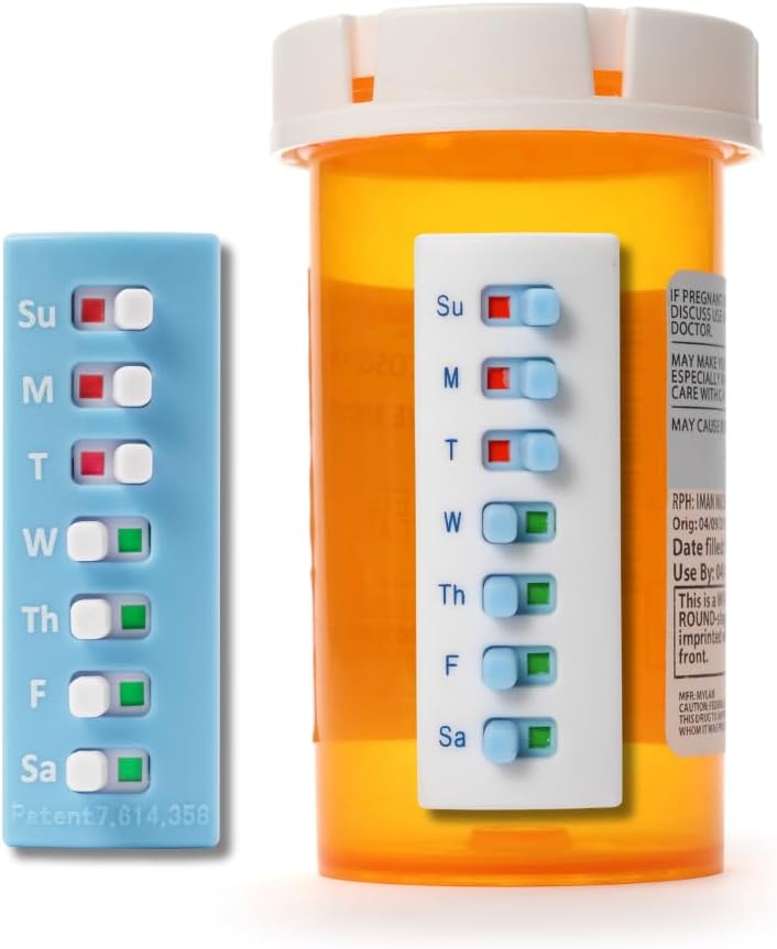 Take‐n‐Slide Peel and Stick Reutilisable for 12 + Recharges, Pill/Medication/Vitamine/Pet Med Tracker & Rappel, Joindre à votre bouteille, sans organisateur, courbée, blanche et bleue (2-Pack, 1 Chacun)