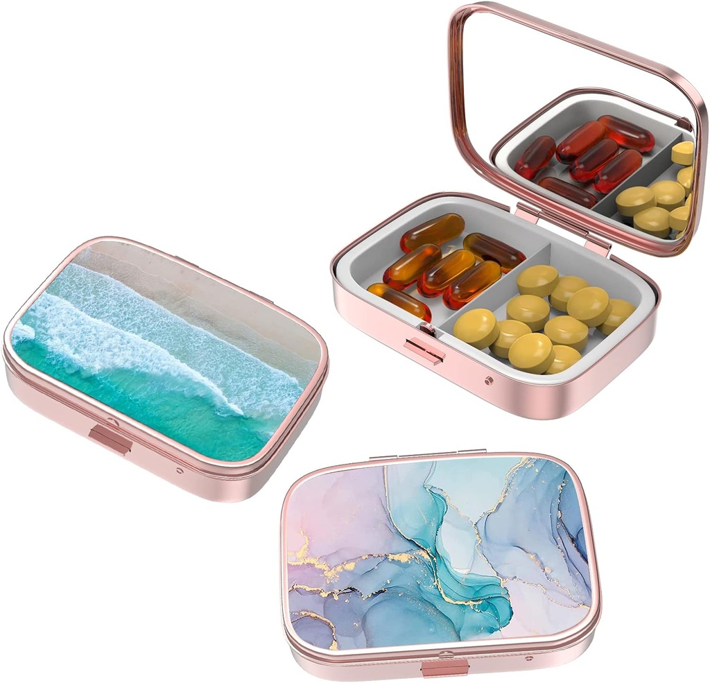 Small Pill Box,Pill Case for Purse&Pocket,3 Compartments Travel Pill Case Medication Organizer Speicher für Vitamine, Pillen, Fischöl und Ohrringe, Studs,Rose Gold-Beach Farbe Rendering