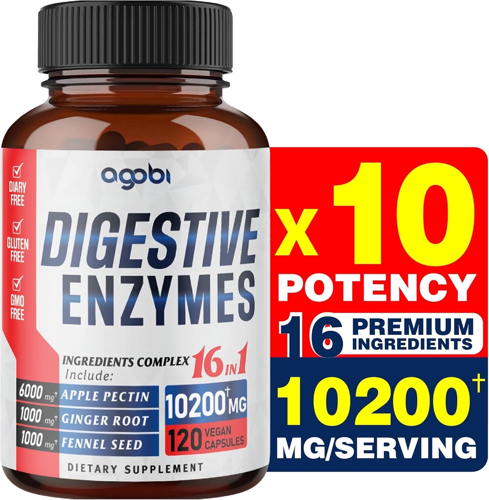 Vor 10200 Mg Verdauungsenzyme mit Präbiotikum für Verdauung, Immun- und Körperunterstützung - 16in1 mit Apfelpektin, Ginger Root, Prebiotic System & More - 120 Kapseln für 2 Monate
