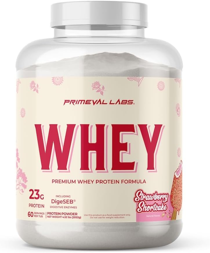 Primeval Labs Pure Whey Protein Concentrate | Muscle Growth & Recovery | Easy to Mix Formula | Strawberry Shortcake | 60 Servings
