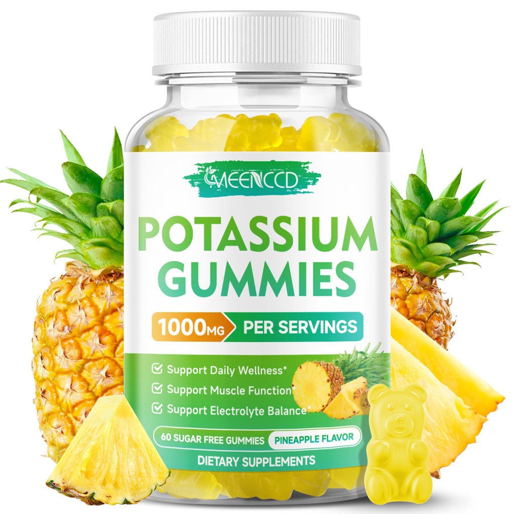 Kalium-Zitrat-Gummi 1000mg, hohe Potenz Kalium-Ergänzung-Gummi-Gummi für Erwachsene Frauen & Männer, Unterstützung Leg Cramps & Muskel-Gesundheit, Sugar-Free, Ananas-Flamvor, 60 Zähler