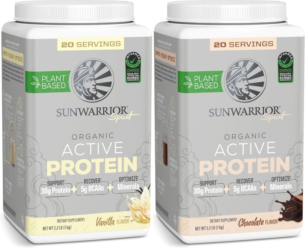 Sunwarrior Chocolate & Vanilla Active Organic Protein Powder Set | Bundle & Save | Vegan Protein Pulver | Non-GMO Soy Dairy & Glutenfrei (20 Servierungen Vanille, 20 Servieren Schokolade)