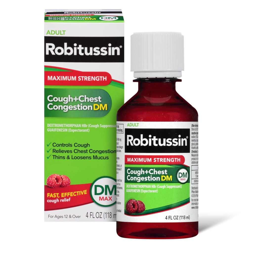 Robitussin Adult Maximum Strength Cough + Chest Congestion DM Max (4 fl. oz. Flasche), Cough Suppressant & Expectorant, Raspberry Flavor
