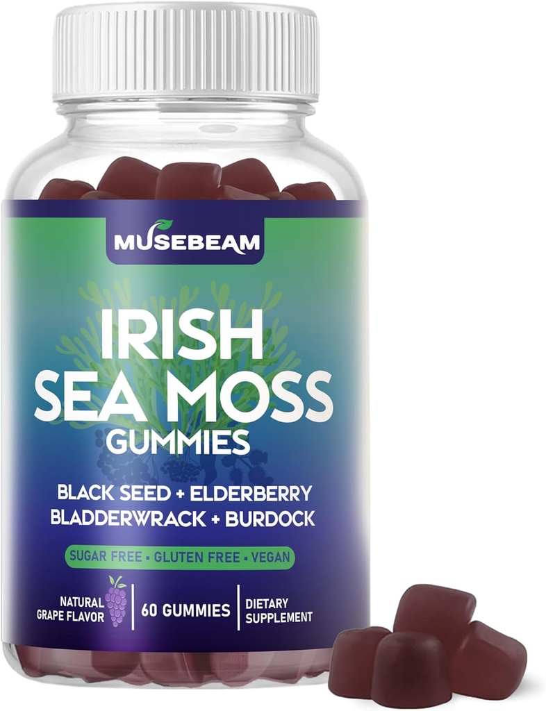 Irish Sea Moss Gummis - mit schwarzem Seed Elderberry Bladderwrack Burdock Turmeric Omega-3 Vitamine C D3 Zink - Seamoss Supplements für Erwachsene Frauen Männer - Sugar-Free Gluten Free Vegan