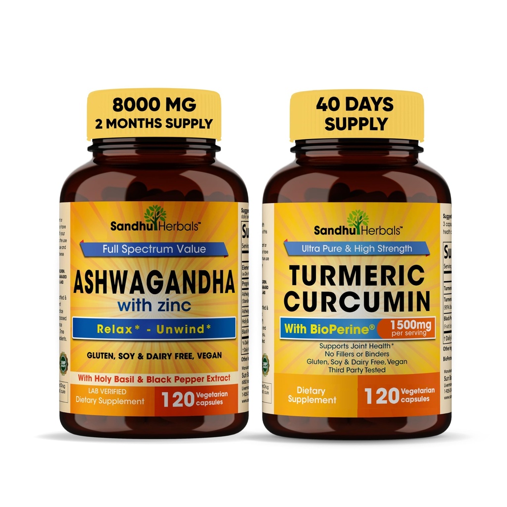 Sandhu Kräuter Bio 4in1 Ashwagandha w/Zinc & Organic Kurkumin w/Bioperine Black Pepper Extract| Unterstützt Immunsystem| Non-GMO
