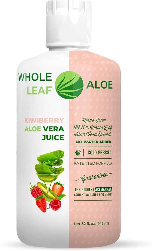 Entsperren Sie die Macht der ganzen Blatt Aloe Vera - Infused mit dem leckeren Geschmack von Kiwi Berry. Unsere patentierten Formel Boasts Die höchste Acemannan Konzentration verfügbar, garantiert. Kein Wasser hinzugefügt.
