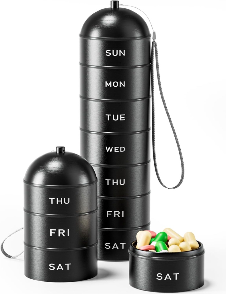 Metall Pille Organizer Weekly - Betife Stapelbare wasserdichte Reise Pille Box, Portable Aluminiumlegierung 7 Tage Pille Fall, Feuchtigkeit PP BPA Kostenlose Pille Behälter Medizin, Vitamine, Ergänzungen zu halten