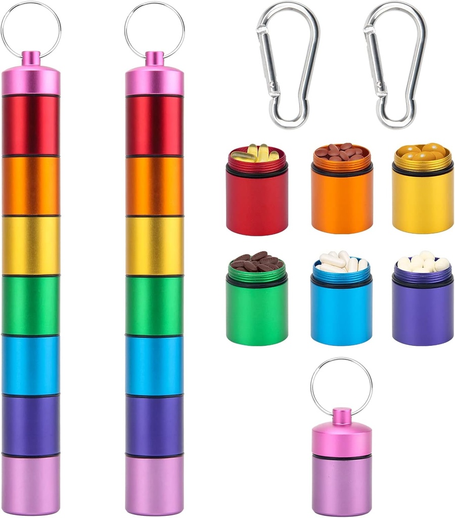 Petit porte-clés portable de cas de pilule pour voyager, AngleKai 2 Pack Pill Organizer Box, récipient de comprimés imperméables Organisateur hebdomadaire de bouteilles de médicaments (Rainbow)