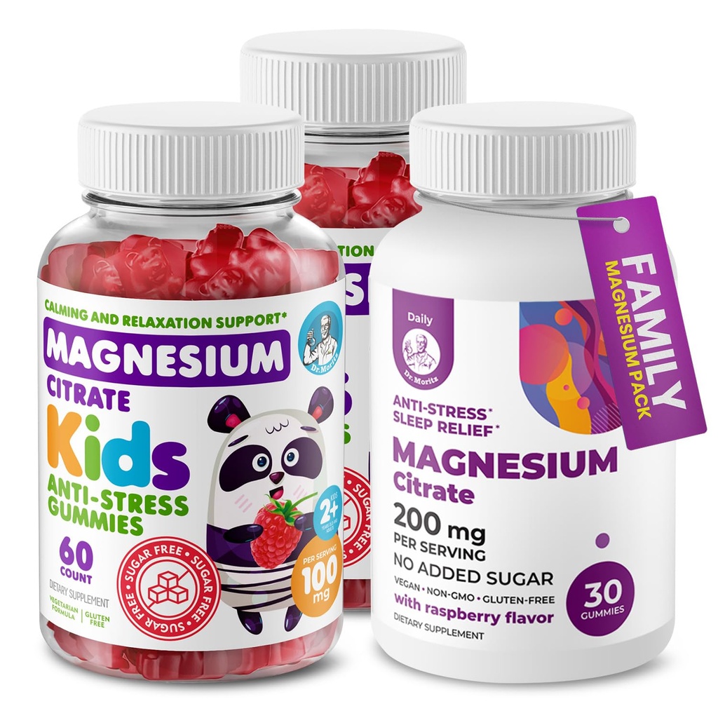 DR. MORITZ Magnesium Bundle - Gummi für Erwachsene (200mg, 30 Count) und Kinder Magnesium Gummies (60 Count, 2 Pack) - Sugar-Free