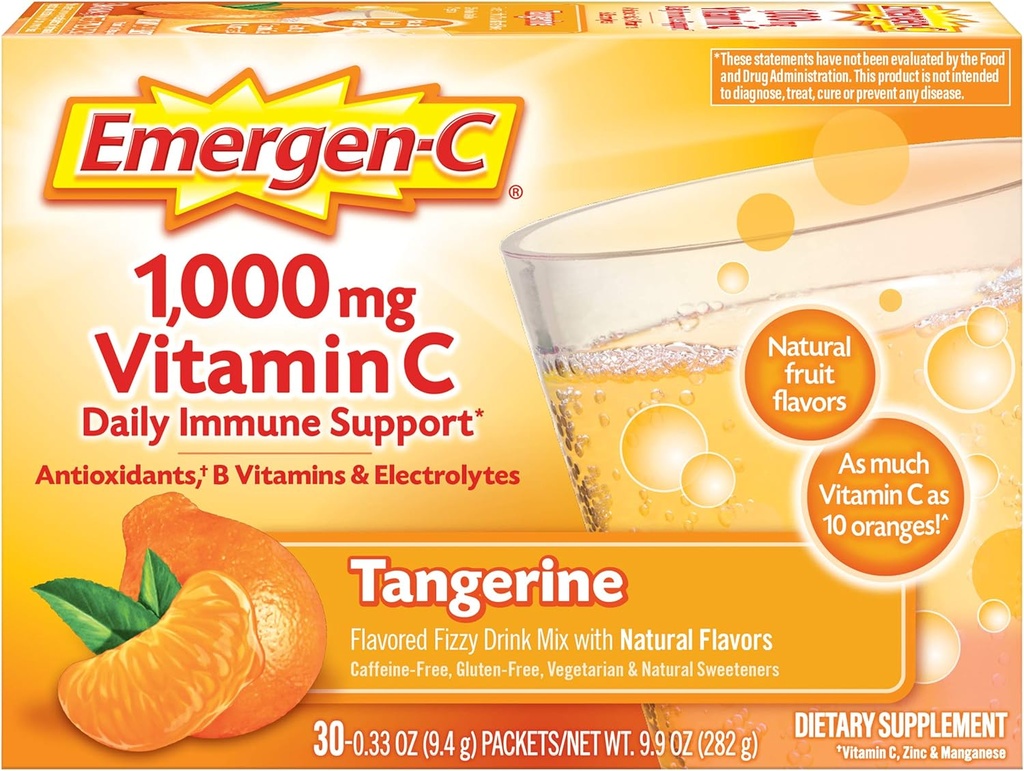 Emergen-C 1000mg Vitamin C Pulver, mit Antioxidantien, B Vitamine und Elektrolyte, Vitamin C Nahrungsergänzungsmittel für Immununterstützung, Koffein Free Fizzy Drink Mix, Tangerine Flavor - 30 Count