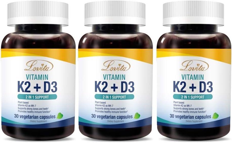 Lovita Vitamin K2 + D3, 400 IU Vegan Vitamin D3 & 120 mcg Vitamin K2 (MK-7), 2 in 1 Formel, Immun Vitamin Complex, unterstützt Ihr Herz, Zähne und Immunfunktion, 30 vegetarische Kapseln (Pack von 3)