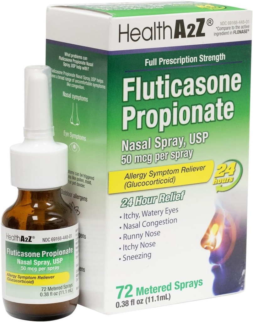 HealthA2Z® Fluticasone Propionate Nasal Spray | 50 mcg pro Spray | 24 Hour Allergy Relief | 72 Sprays | 0.38 fl oz. (11.1mL) | Nasal Decongestant | Non-Drowsy | Allergy Relief Spray